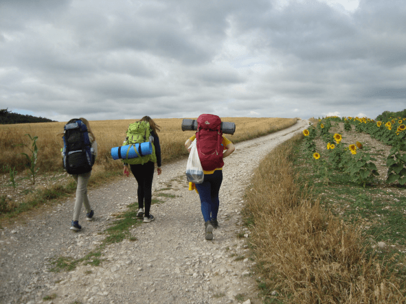 drei Jugendliche mit Wanderrucksäcken auf einem Feldweg